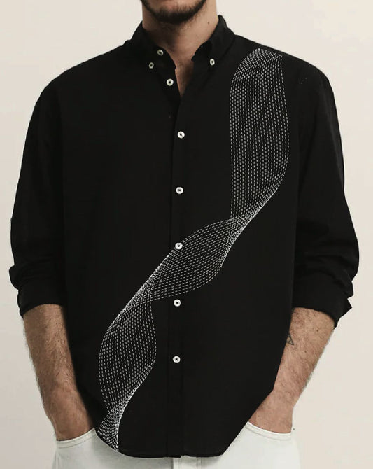 Black Button-Up Shirt with Wave Pattern
