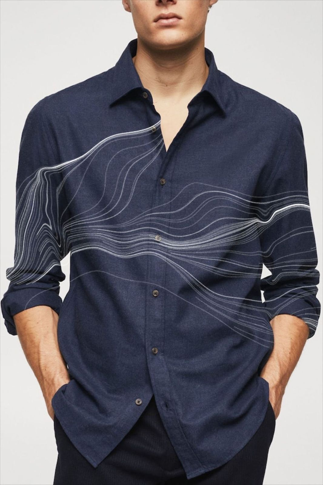 Dark Blue Shirt with Contour Line Design