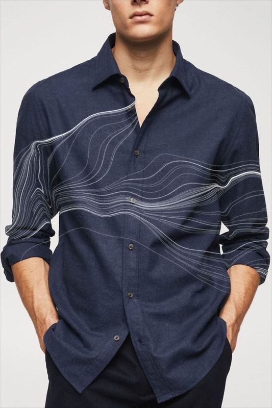 Dark Blue Shirt with Contour Line Design