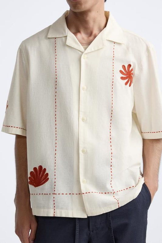 Gridline Bloom – Hand-Stitched Cotton Shirt